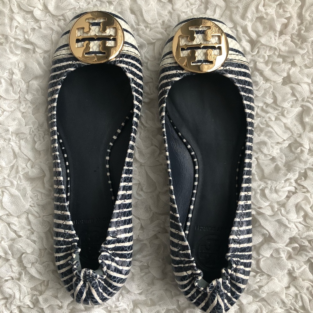 TORY BURCH Striped flats (navy & white w/ gold)